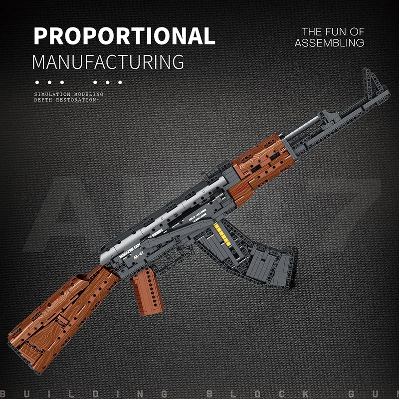 AK-47 building block rifle, detailed grey receiver and wood-look stock
