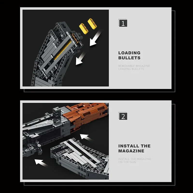 AK-47 brick kit: load the rounds and fit the magazine, steps 1 and 2