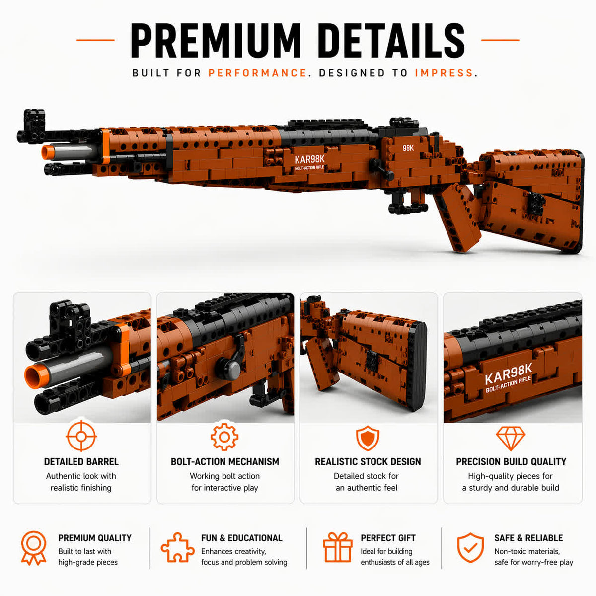 Kar98k brick kit details: barrel, bolt-action mechanism, stock