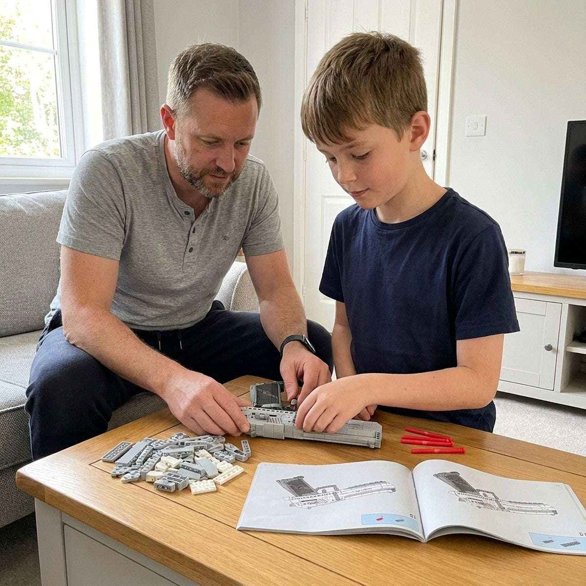 Father and son building the Magnum Eagle brick pistol together