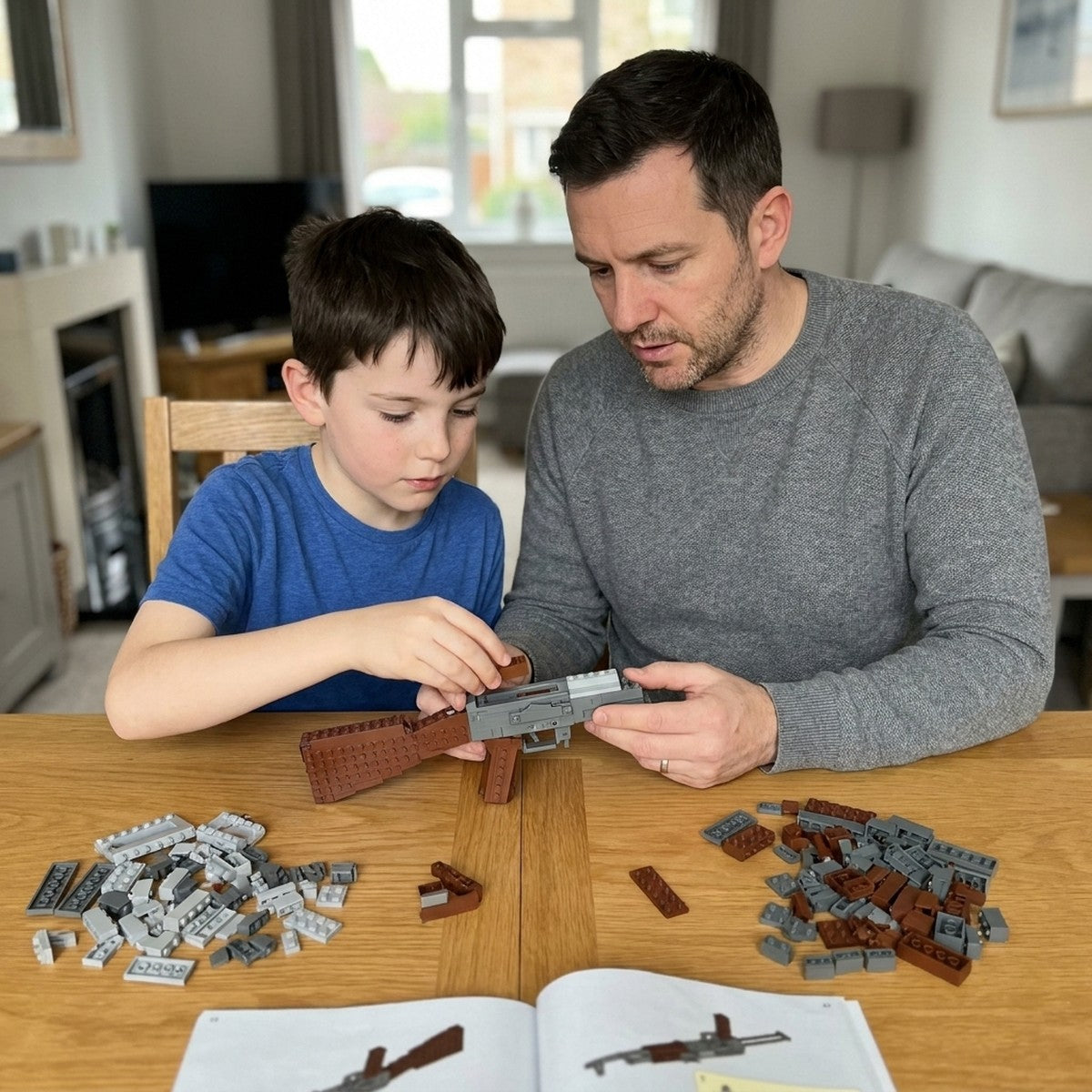 Father and son building the AK-47 brick kit together at the table