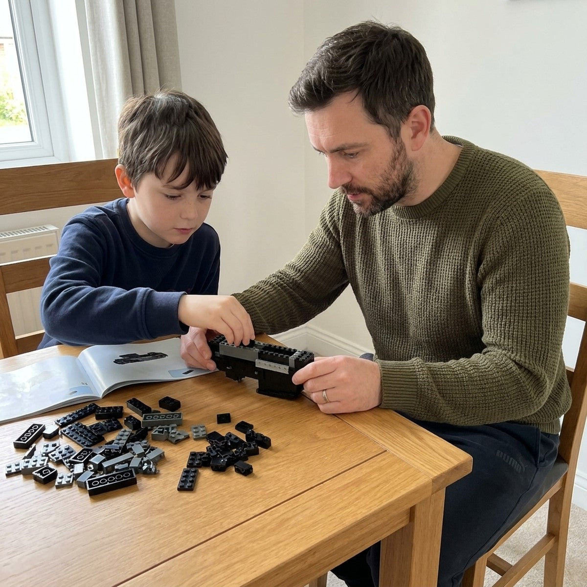 Father and son building the SIG MCX brick kit together at the dining table