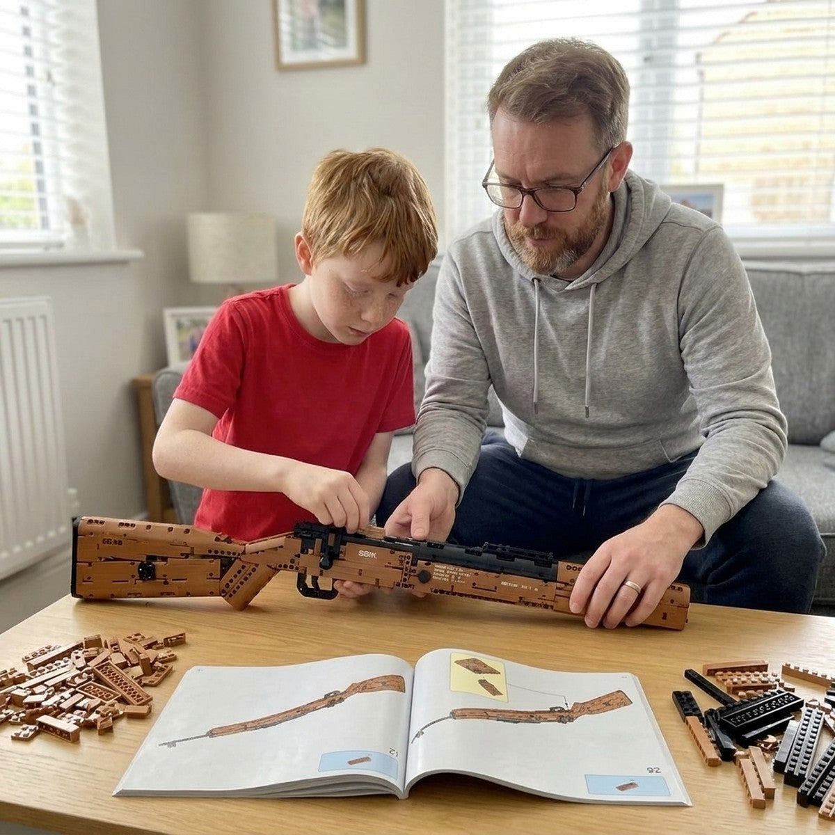 Father and son building the Kar98k brick kit together