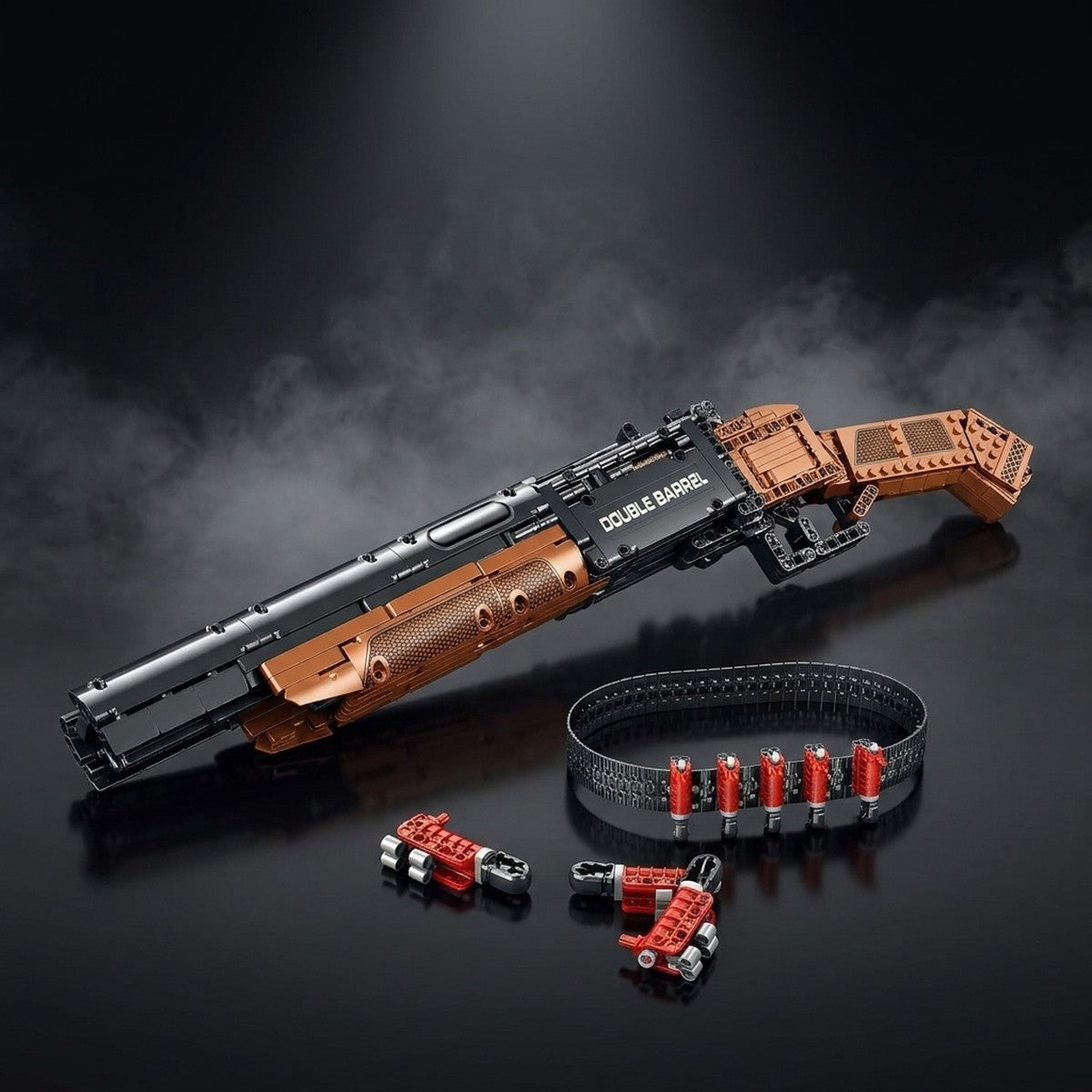 Thunder double-barrel brick kit with shells and shell belt on a dark studio background