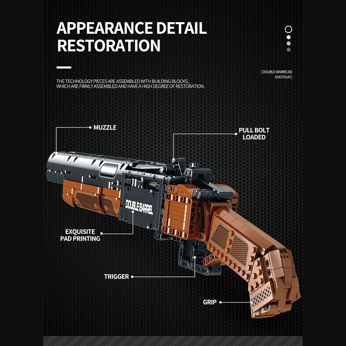 Thunder double-barrel brick kit details: muzzle, pull bolt, trigger, grip