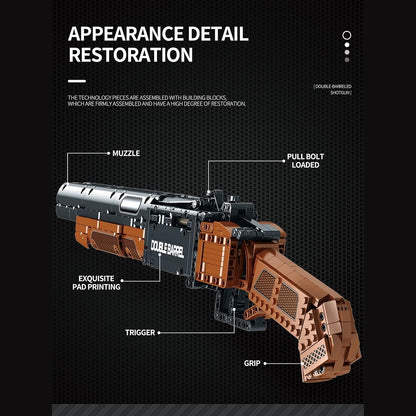 Thunder double-barrel brick kit details: muzzle, pull bolt, trigger, grip