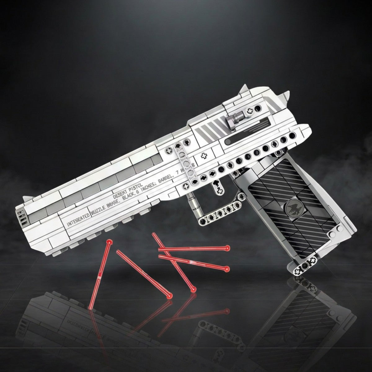 Magnum Eagle brick pistol on a dark studio background with soft red darts