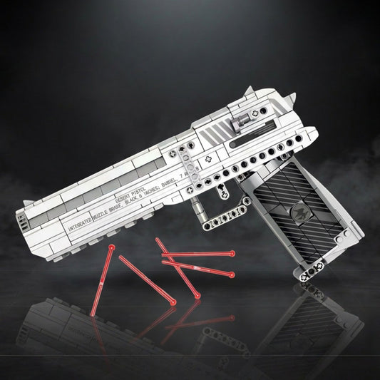 Magnum Eagle brick pistol on a dark studio background with soft red darts