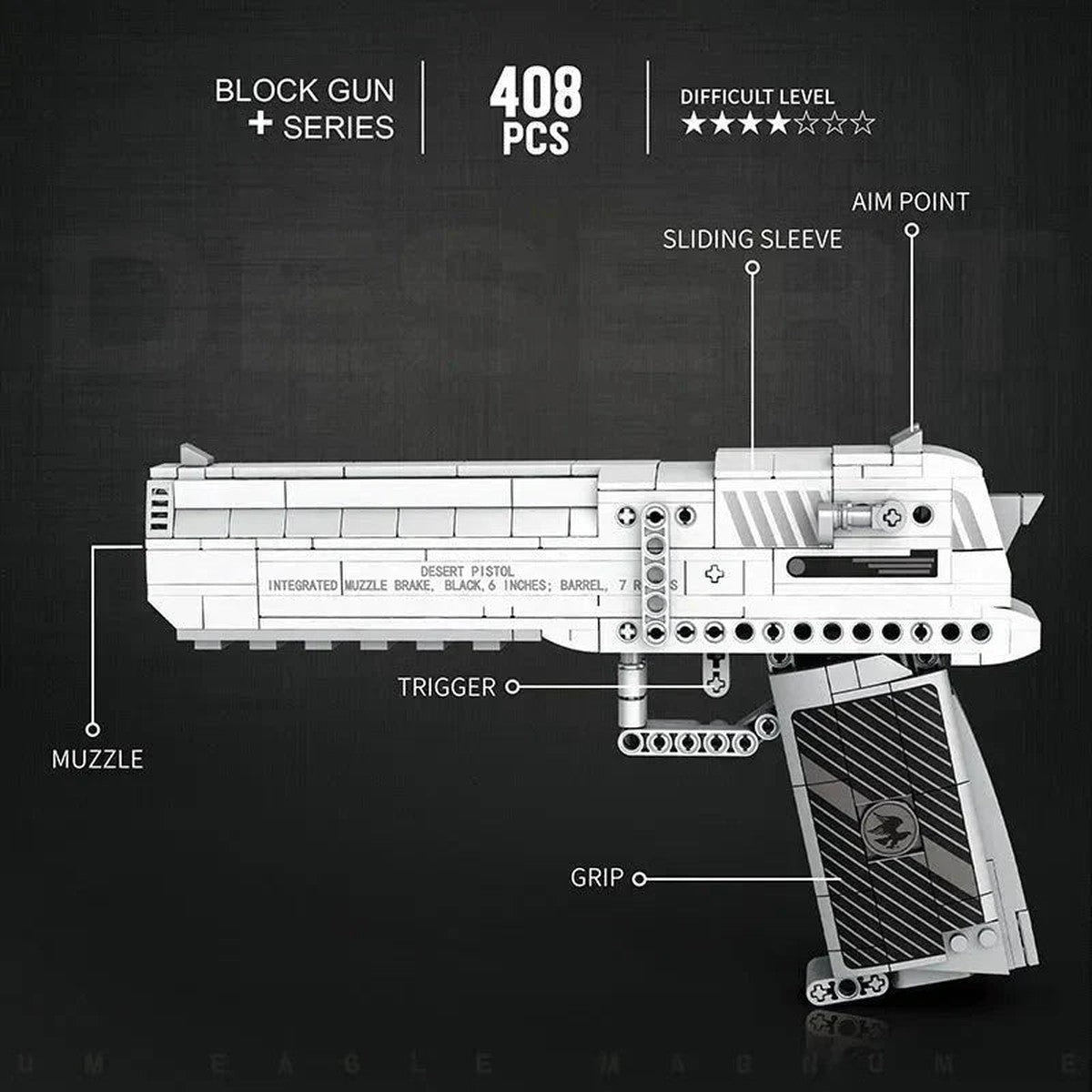 Magnum Eagle brick pistol details: 408 pieces, sliding top, sight, trigger, grip, muzzle