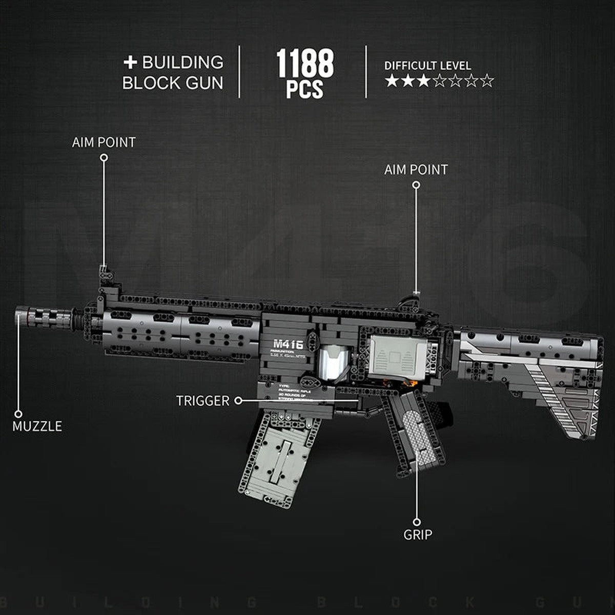 HK-416-D brick kit details: muzzle, sights, trigger and grip