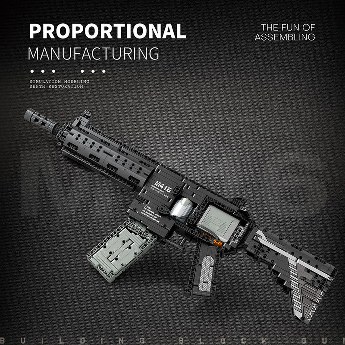 HK-416-D brick model, black and grey, three-quarter view
