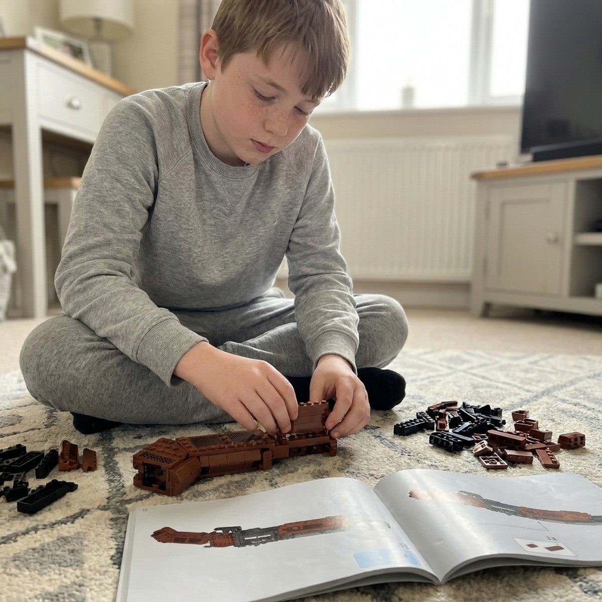Boy building the Thunder double-barrel brick kit himself on the living-room rug