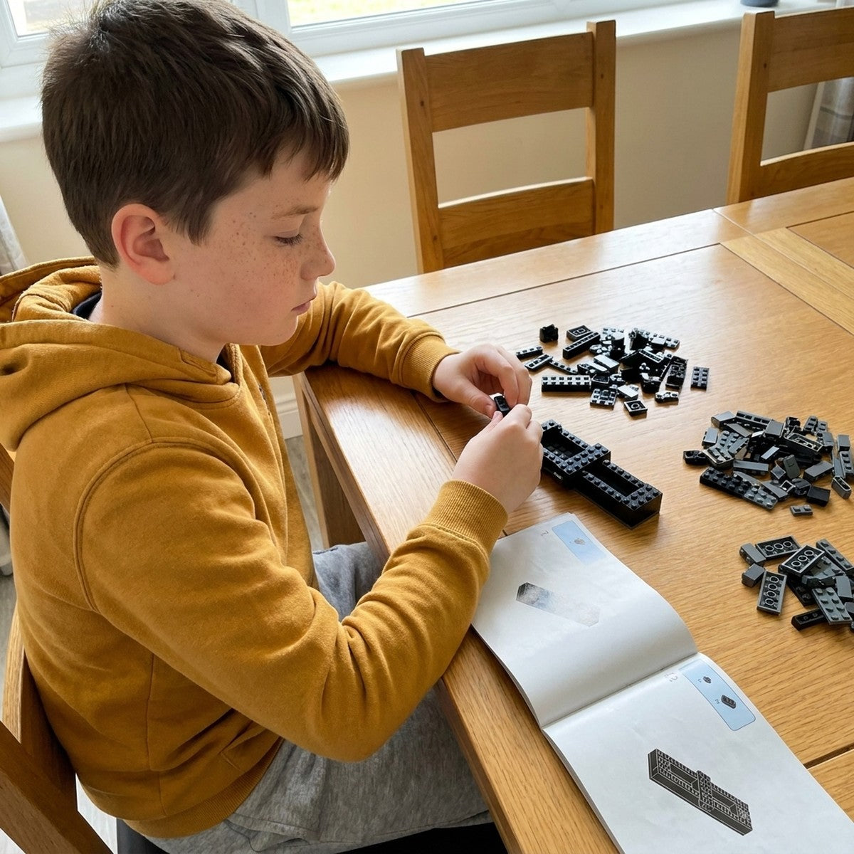Boy building the HK-416-D brick kit himself at the dining table