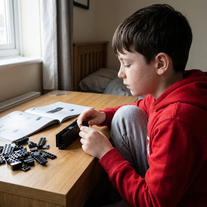 Boy building the SIG MCX brick kit himself at his desk