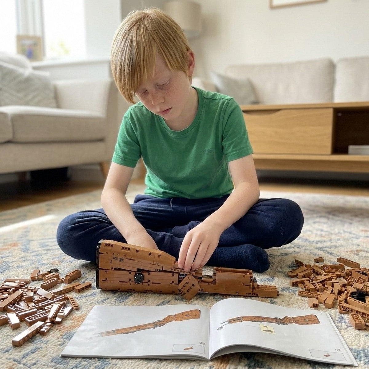 Boy building the Karabiner 98K brick kit on the living-room rug