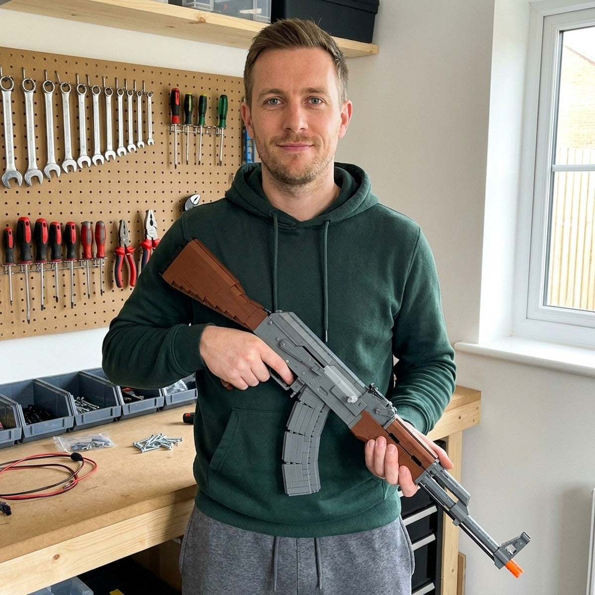 Finished AK-47 brick model held in a home workshop