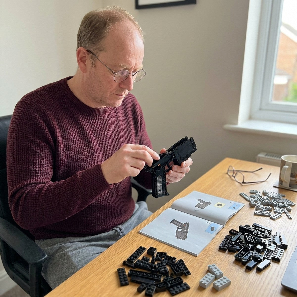 Building the HK-416-D brick kit at a desk: receiver first, loose bricks and the manual