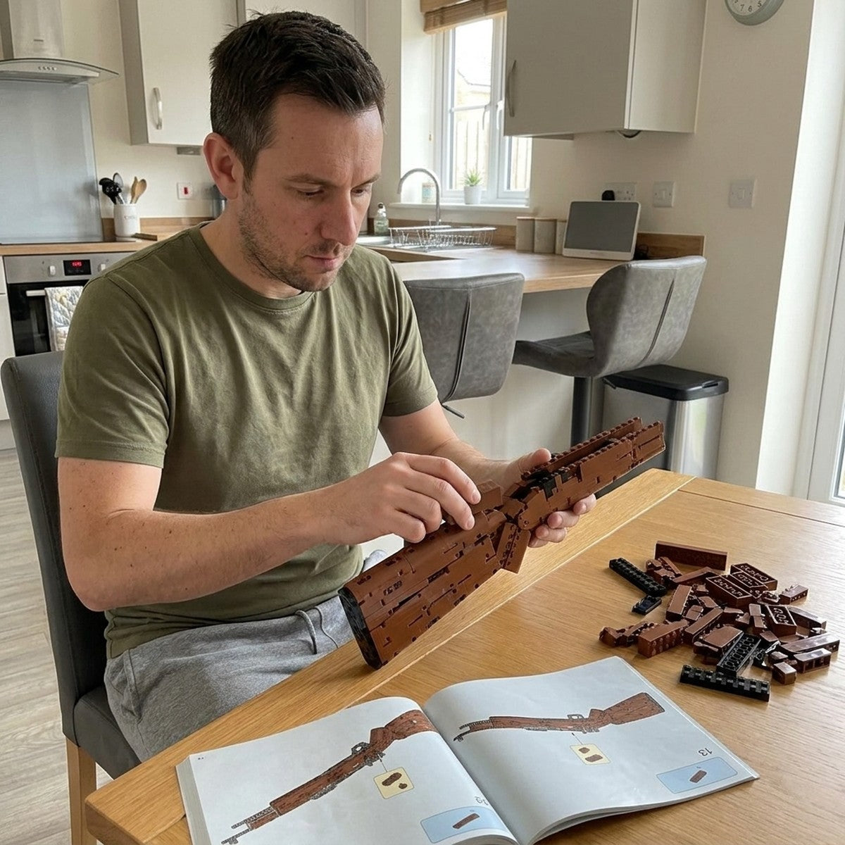 Building the Kar98k brick kit at the kitchen table: stock first, loose bricks and the manual