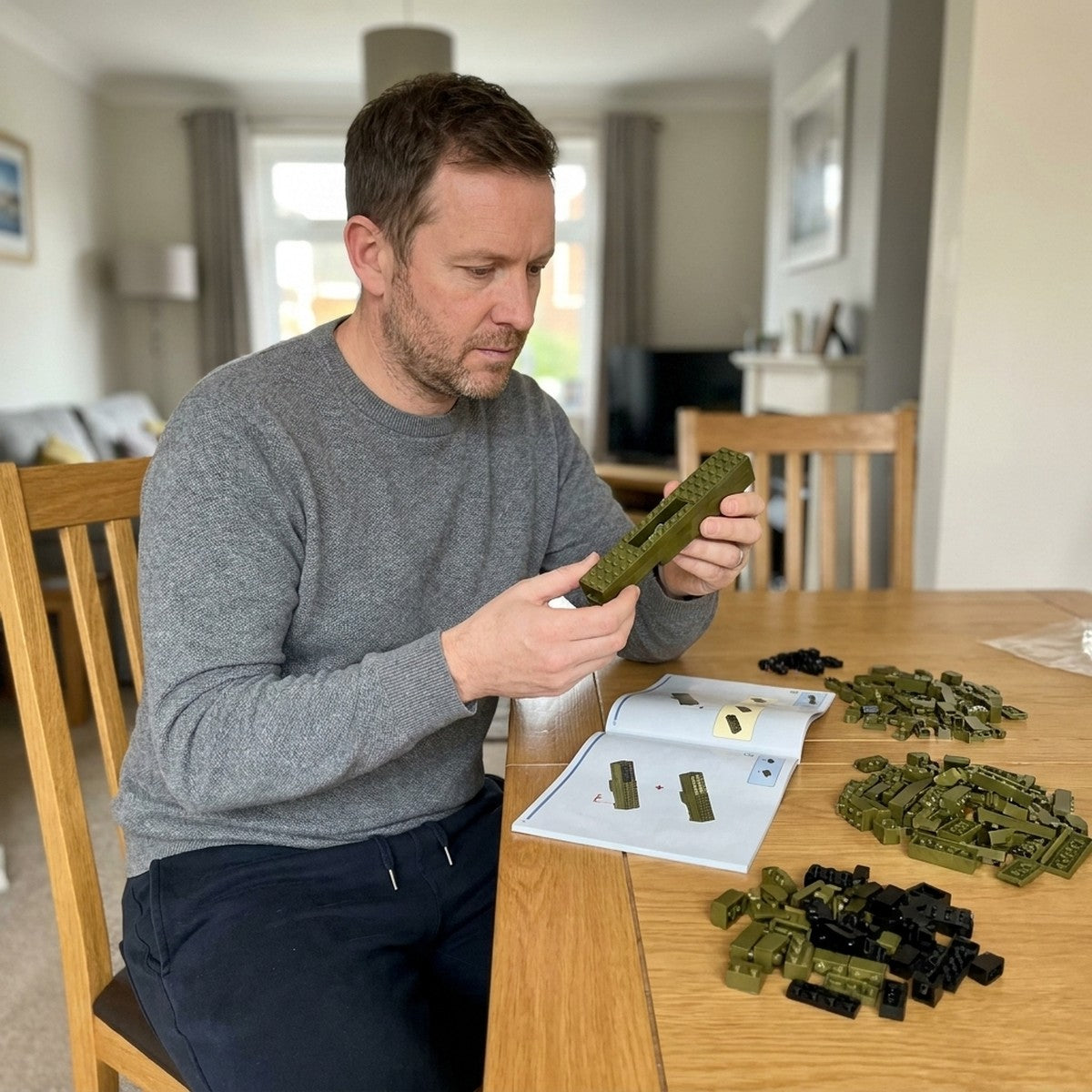 Building the Super Magnum brick kit at the dining table: stock first, loose bricks and the manual