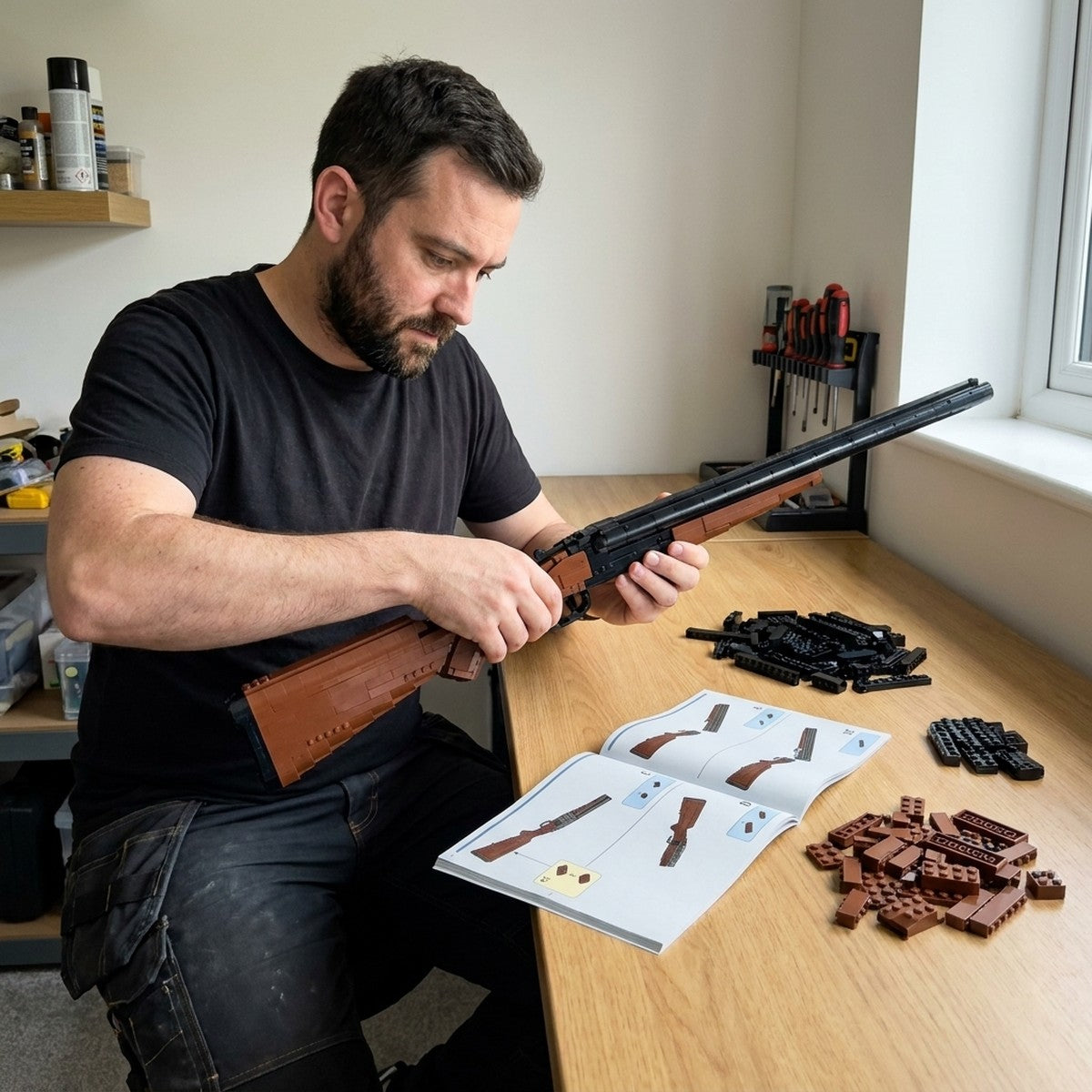 Building the Thunder double-barrel brick kit in the garage: stock first, loose bricks and the manual