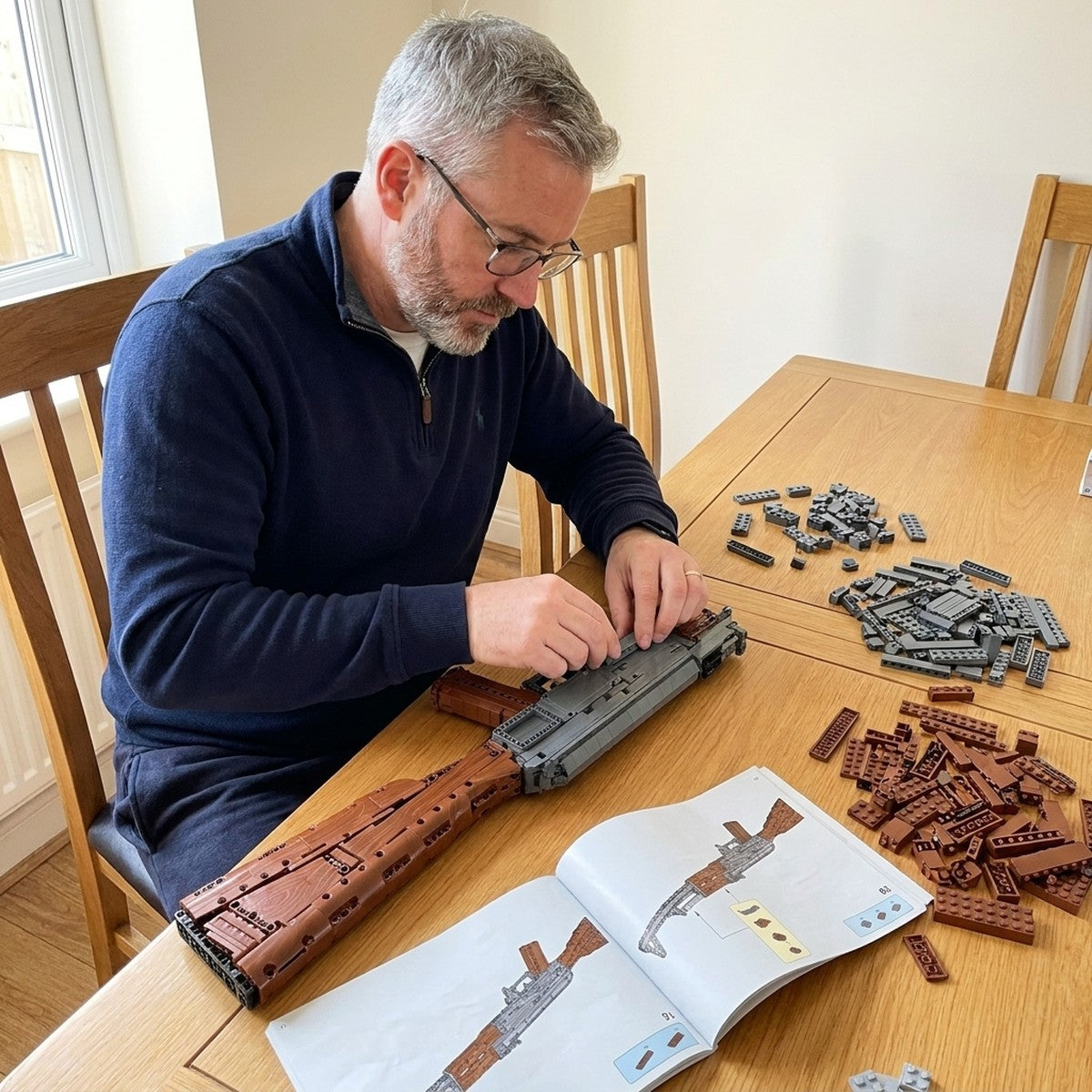 Building the AK-47 brick kit at the dining table: stock and receiver first, loose bricks and the manual