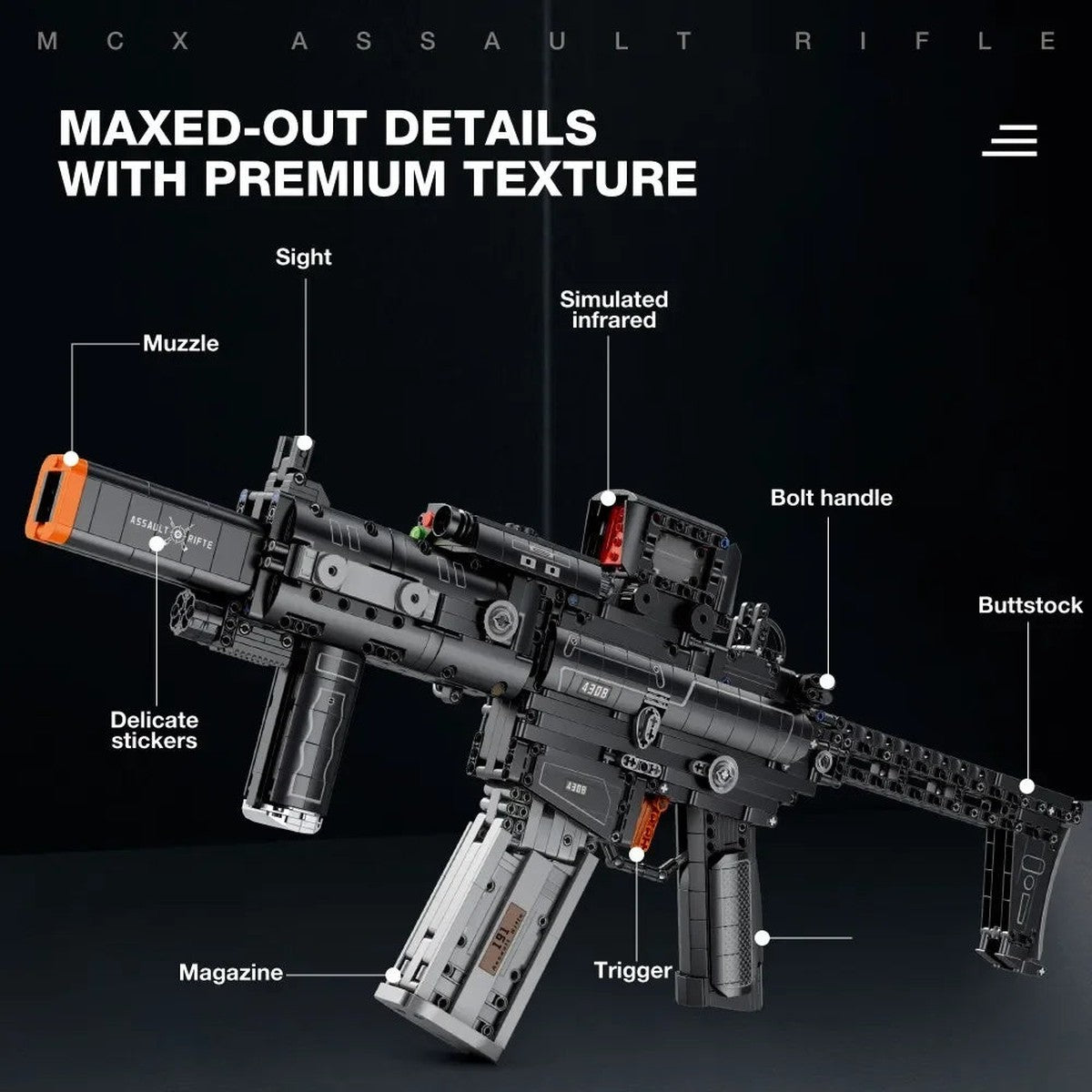 SIG MCX brick kit details: muzzle, sight, simulated infrared, bolt handle, magazine, trigger, buttstock