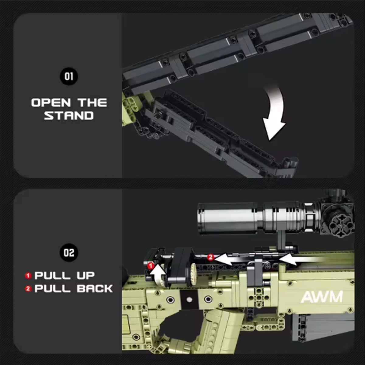 Super Magnum brick kit: open the bipod, pull up and pull back the bolt