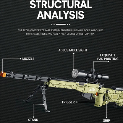 Super Magnum brick kit details: muzzle, adjustable sight, trigger, grip and bipod